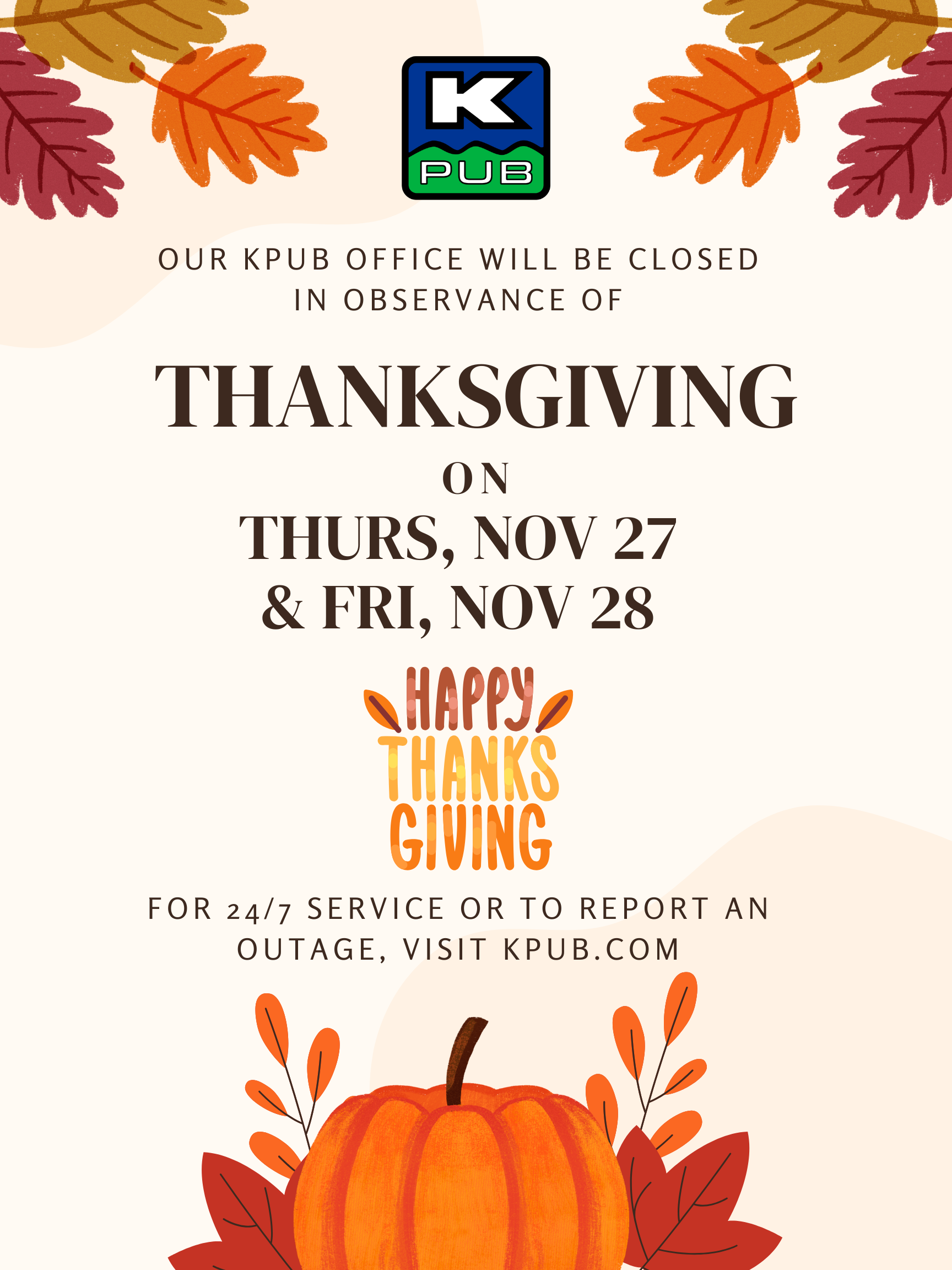 2025 kpub thanksgiving office closure • kerrville public utility board