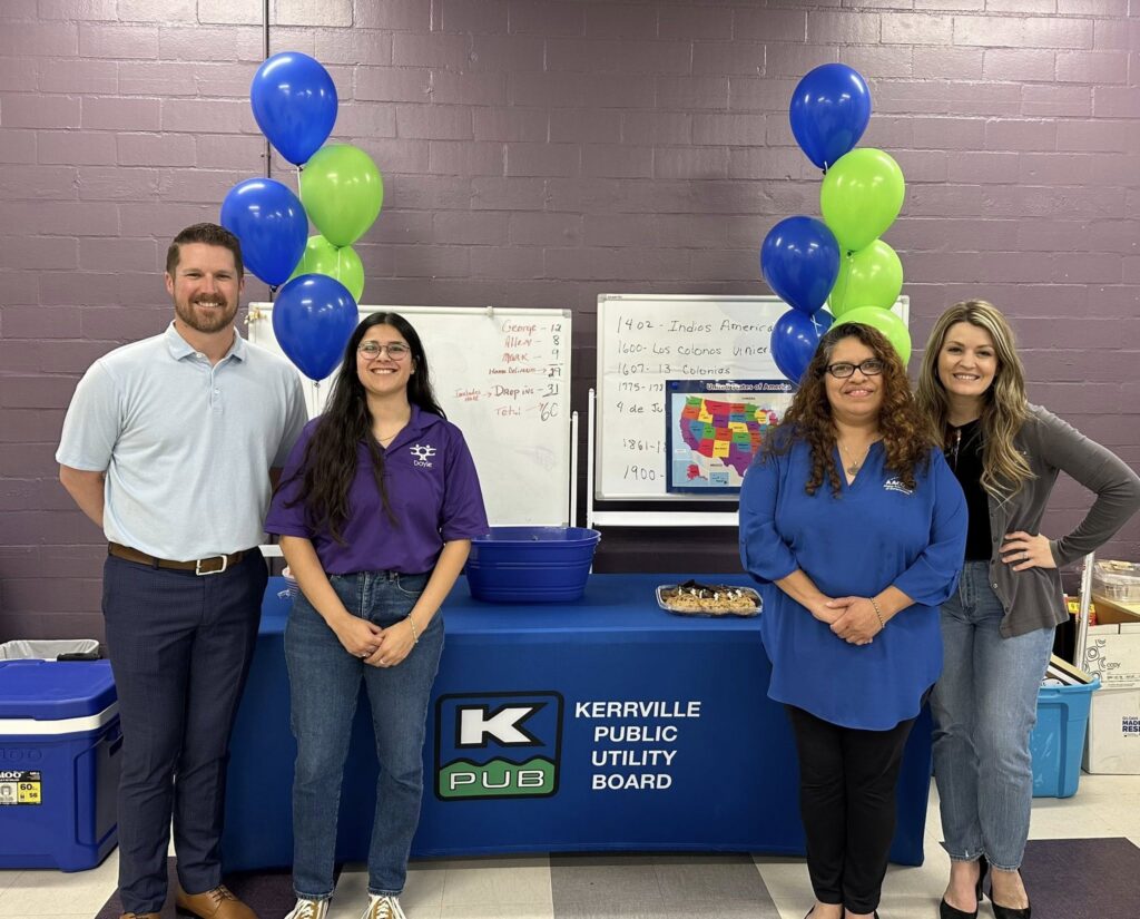 Pictured left to right at KPUB’s May 2025 Weatherization Event at the Doyle Community Center are DJ Owens, KPUB Energy Services Manager; Ray Cardenas, Executive Director of the Doyle Community Center; Sonya Navarro, Weatherization Billing & Intake Specialist with the Alamo Area Council of Governments (AACOG); and Allison Bueche, KPUB Director of Customer and Community Relations.